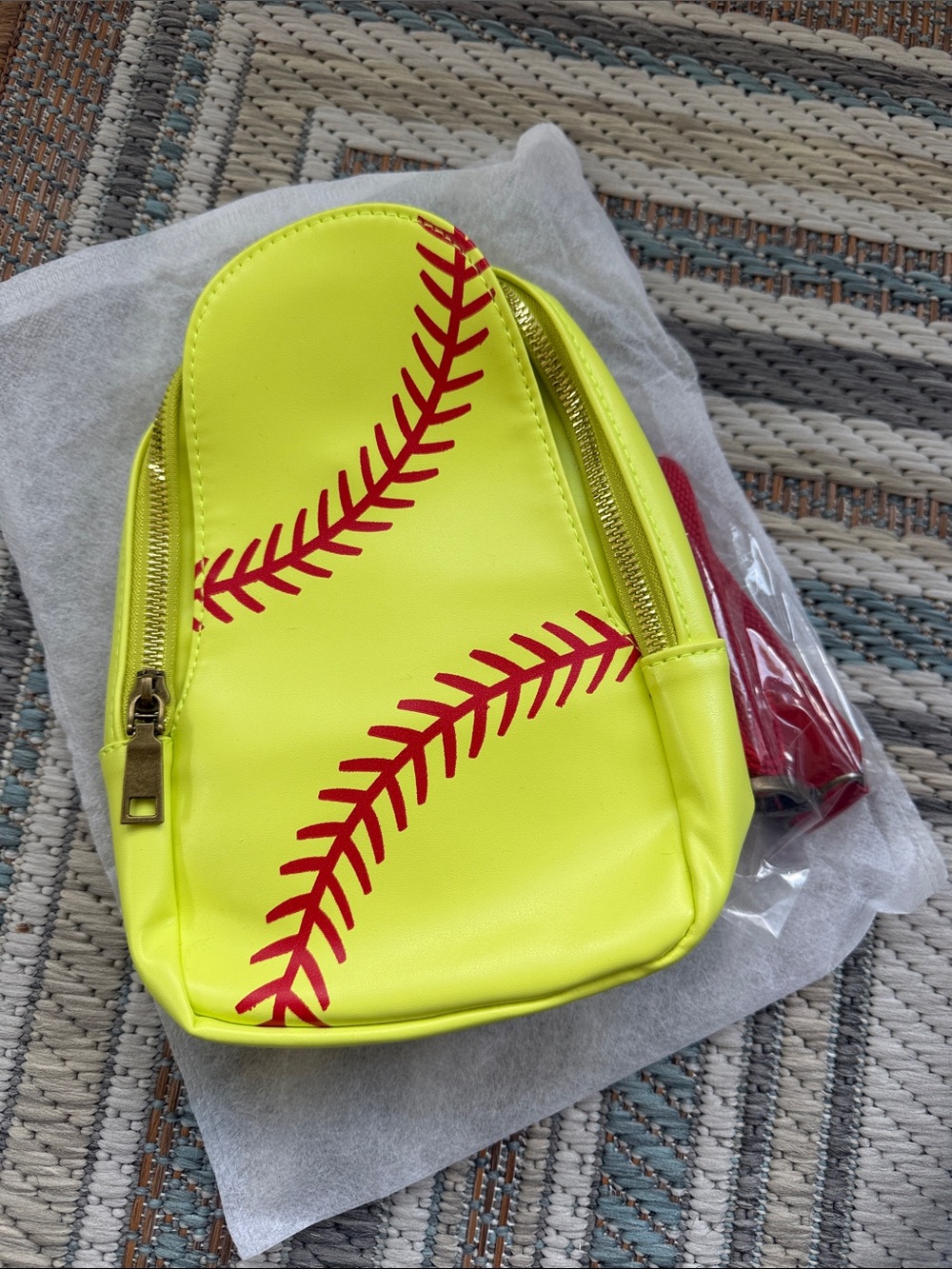 New Softball Neon Yellow Red Sling Crossbody Bag with Red Stitching